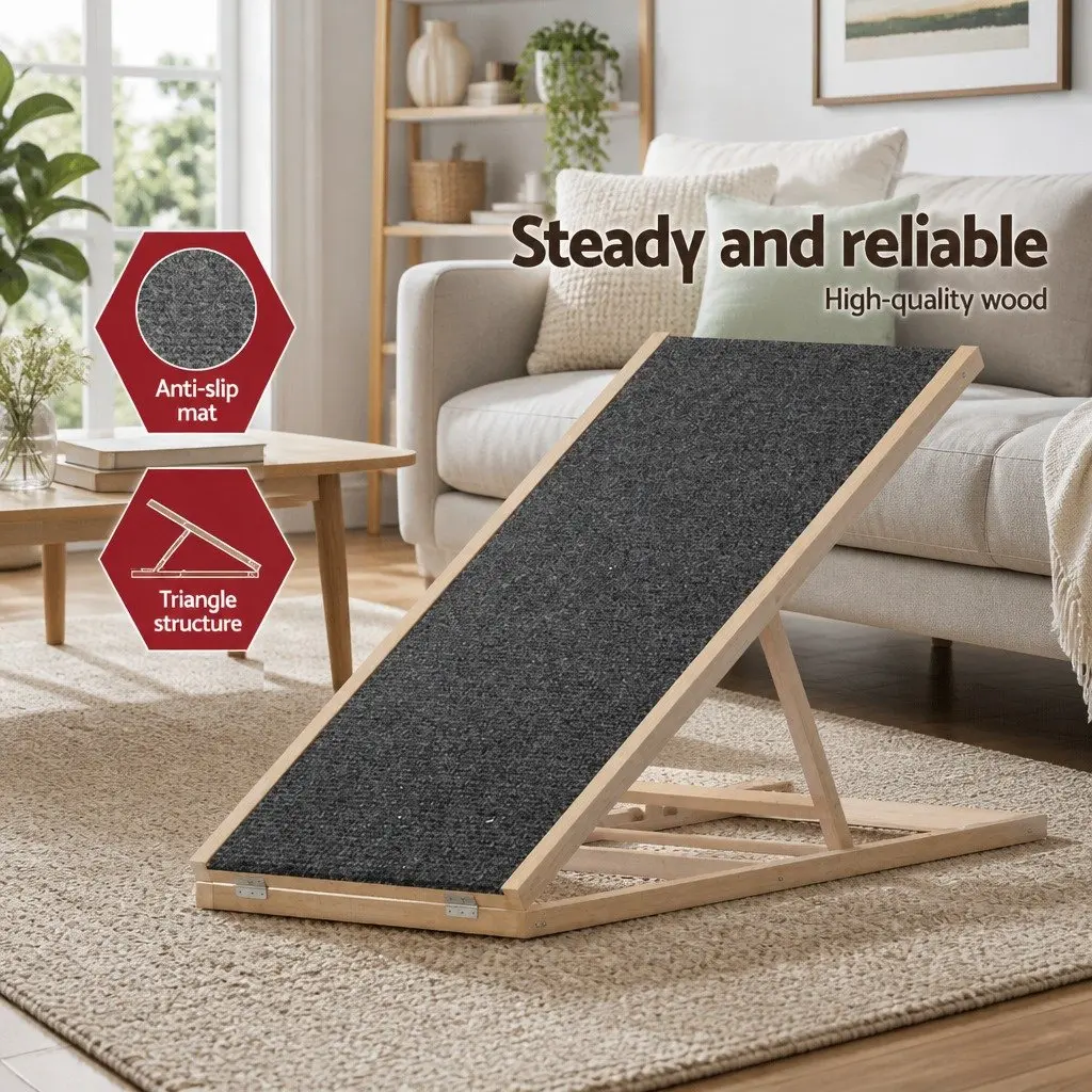 Dog Ramp Steps Natural 100cm Adjustable Height Wooden Foldable Pet Stairs for Bed Sofa Car