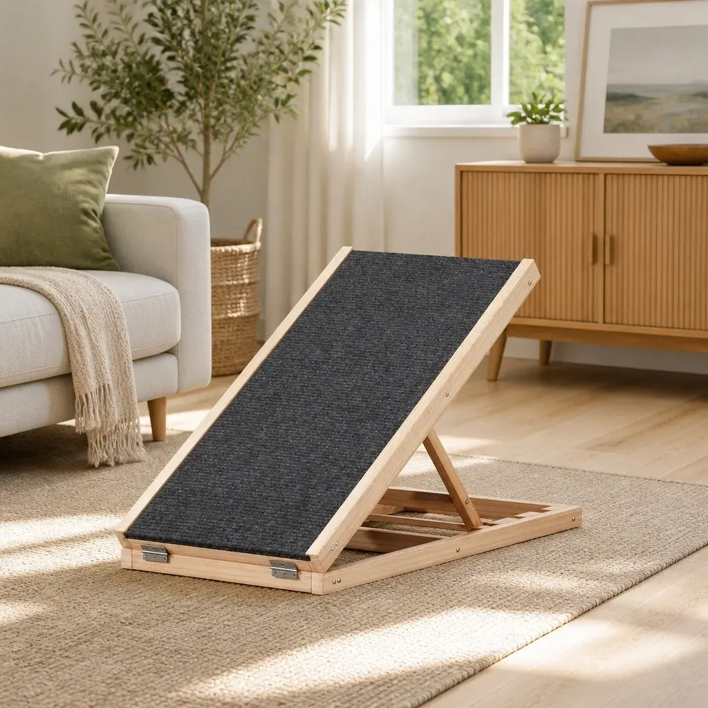 Dog Ramp Steps Adjustable Height Wooden Foldable Natural Pine Grey