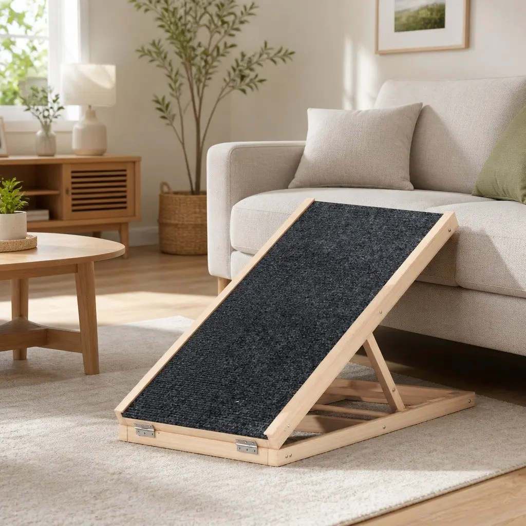 Dog Ramp Steps Adjustable Height Wooden Foldable Natural Pine Grey