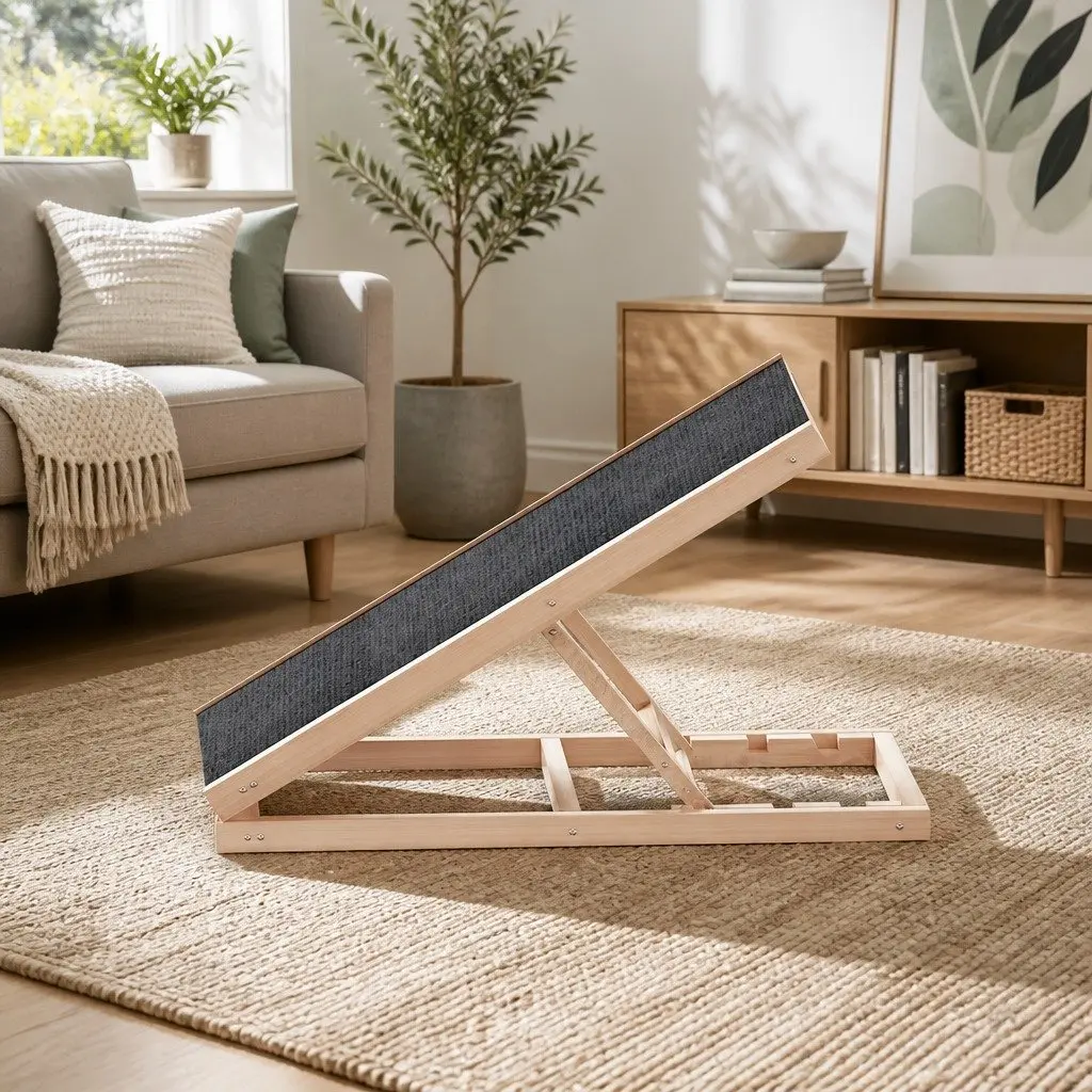 Dog Ramp Steps Adjustable Height Wooden Foldable Natural Pine Grey