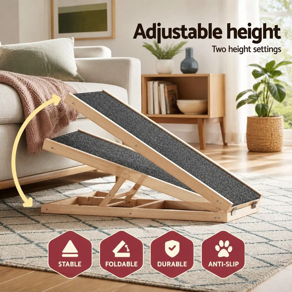 Dog Ramp Steps Adjustable Height Wooden Foldable Natural Pine Grey