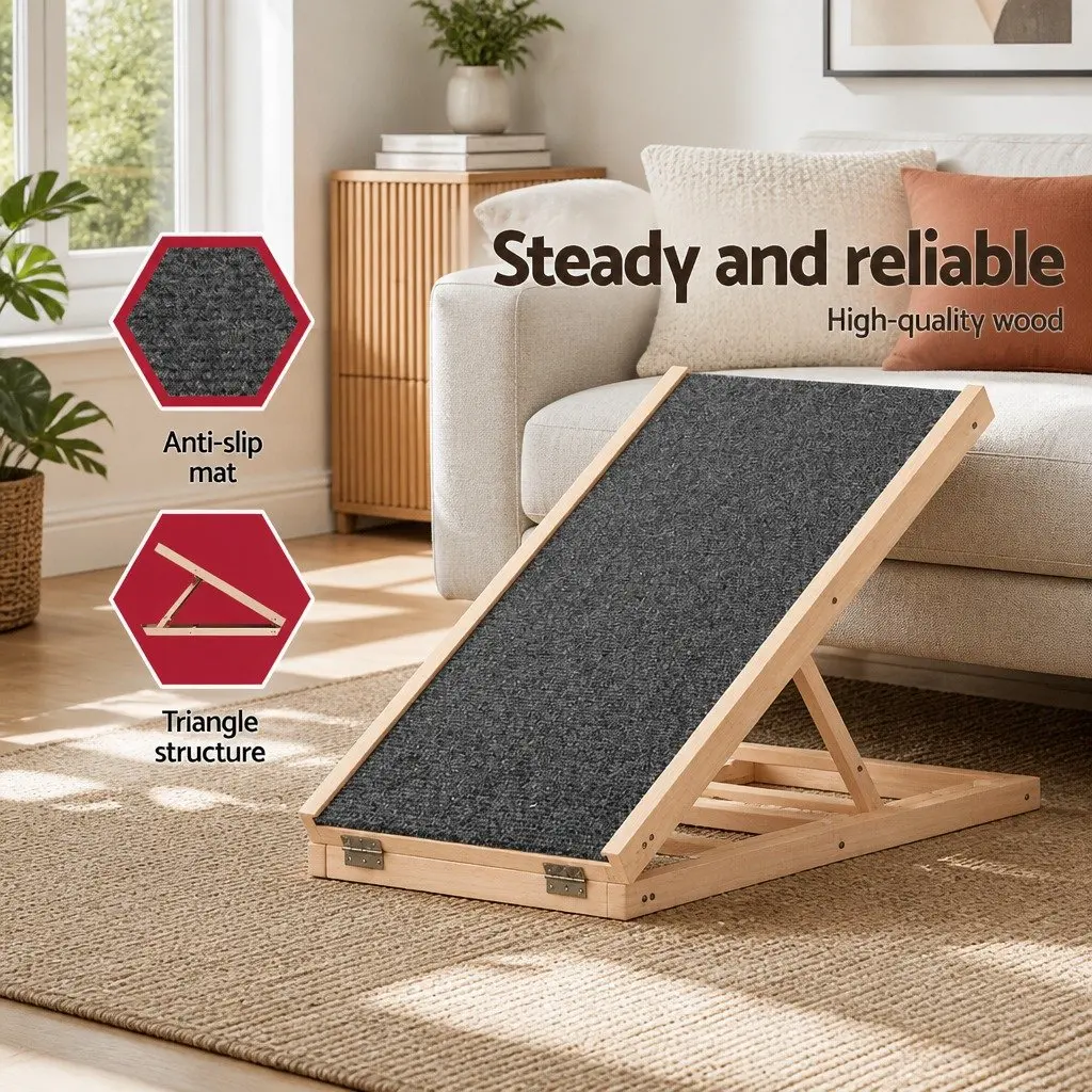 Dog Ramp Steps Adjustable Height Wooden Foldable Natural Pine Grey