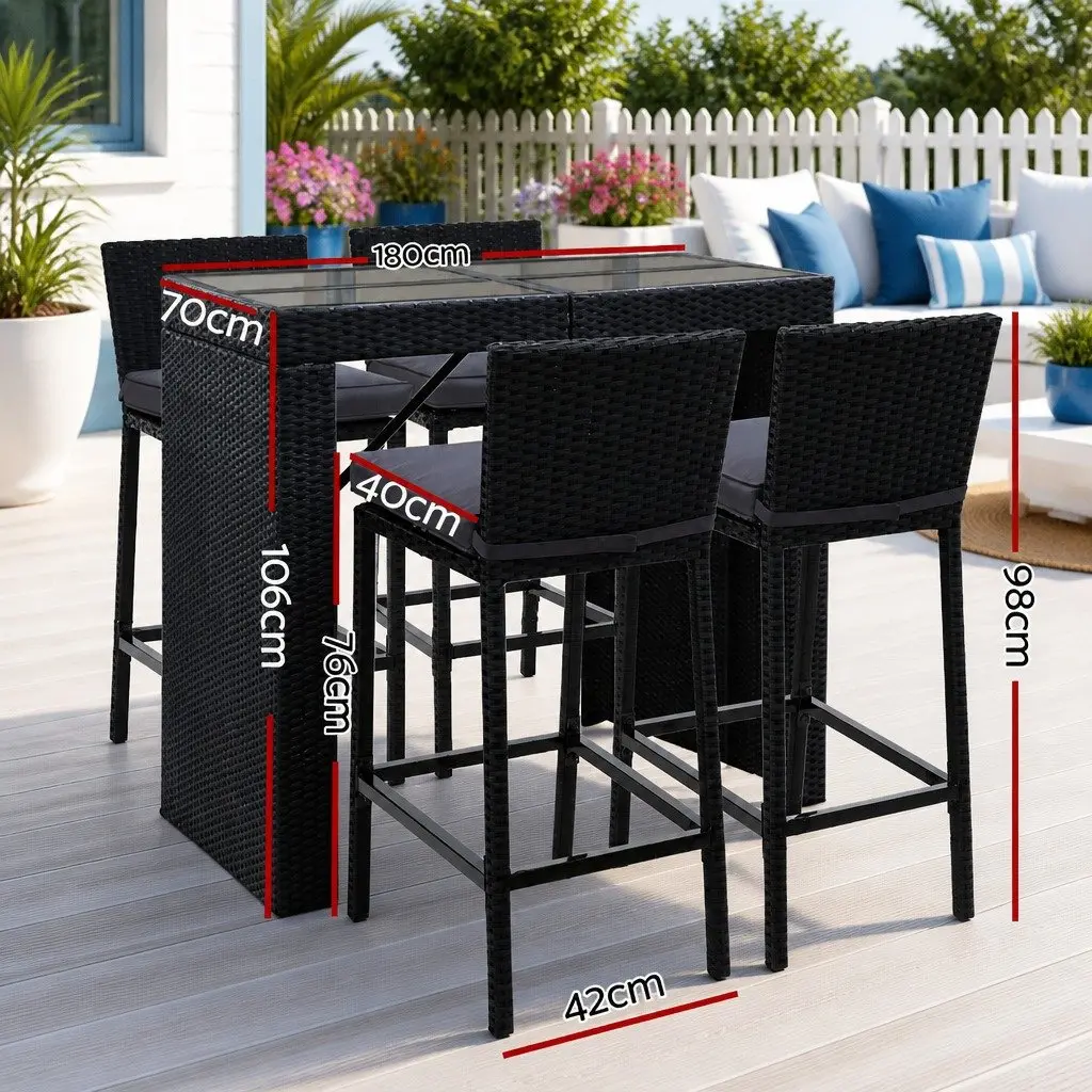 5 Piece Wicker Bar Set Black Outdoor Dining Table and Cushioned Stools for Patio