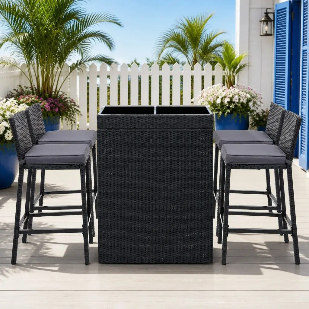 5 Piece Wicker Bar Set Black Outdoor Dining Table and Cushioned Stools for Patio