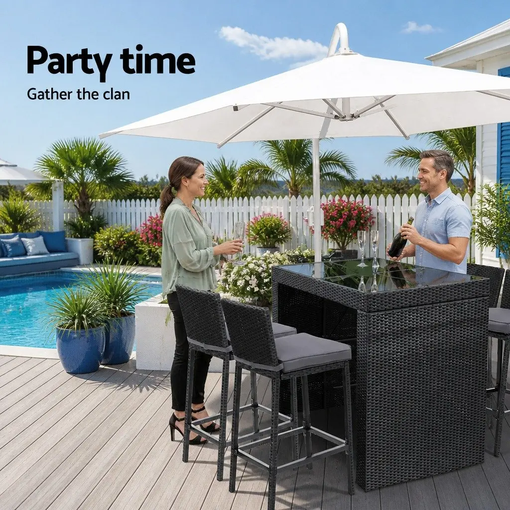 5 Piece Wicker Bar Set Black Outdoor Dining Table and Cushioned Stools for Patio