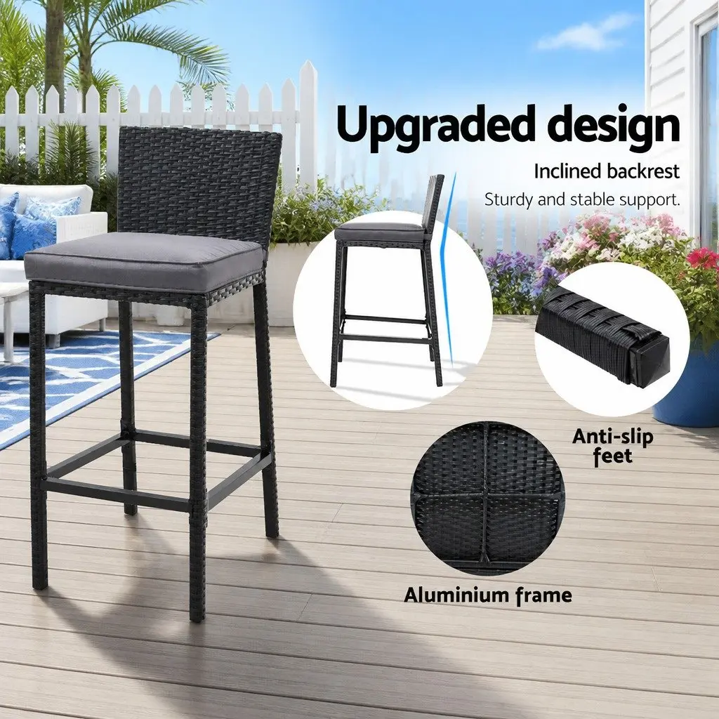 5 Piece Wicker Bar Set Black Outdoor Dining Table and Cushioned Stools for Patio