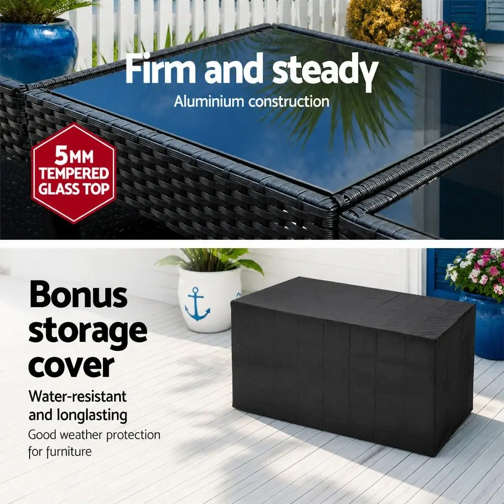 5 Piece Wicker Bar Set Black Outdoor Dining Table and Cushioned Stools for Patio