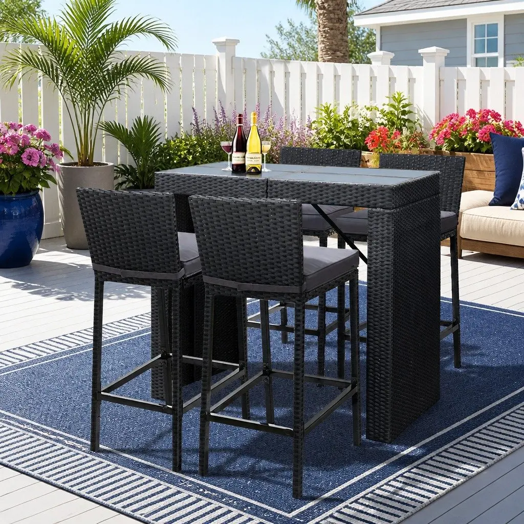 5 Piece Wicker Bar Set Black Outdoor Dining Table and Cushioned Stools for Patio