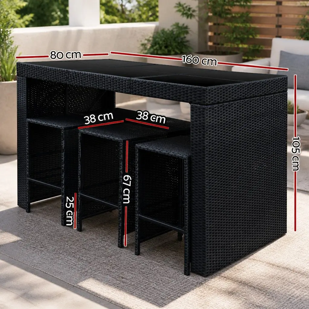 7 Piece Outdoor Bar Set Black Wicker Table and Stools with Tempered Glass Top and Cushions