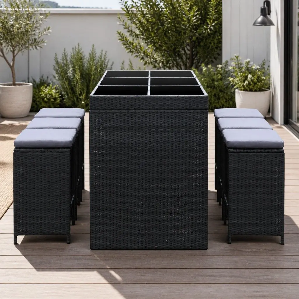7 Piece Outdoor Bar Set Black Wicker Table and Stools with Tempered Glass Top and Cushions