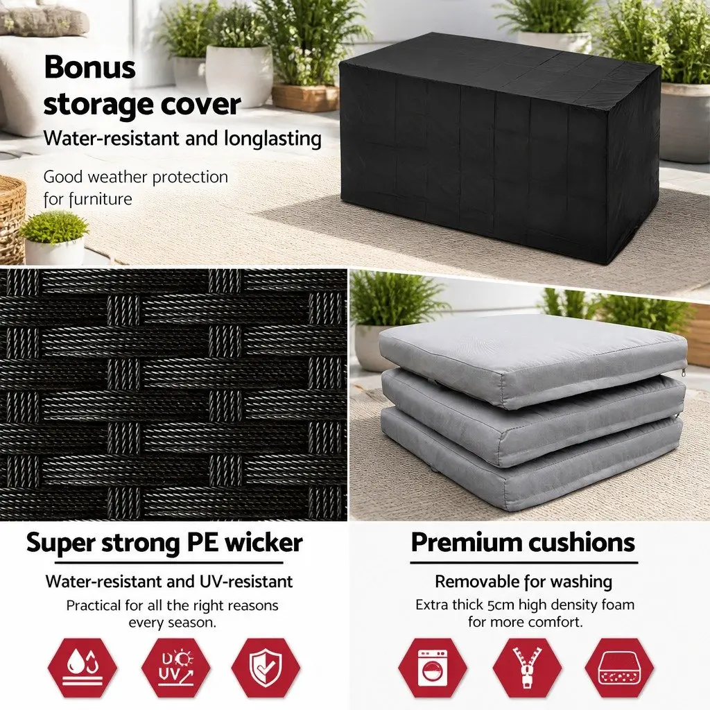 7 Piece Outdoor Bar Set Black Wicker Table and Stools with Tempered Glass Top and Cushions