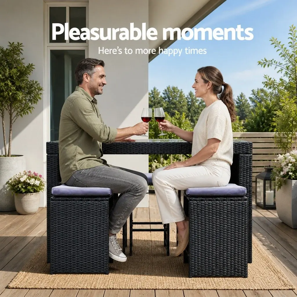 7 Piece Outdoor Bar Set Black Wicker Table and Stools with Tempered Glass Top and Cushions