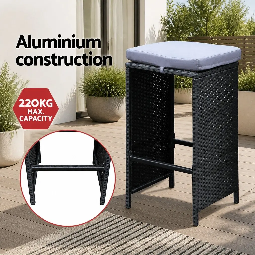 7 Piece Outdoor Bar Set Black Wicker Table and Stools with Tempered Glass Top and Cushions
