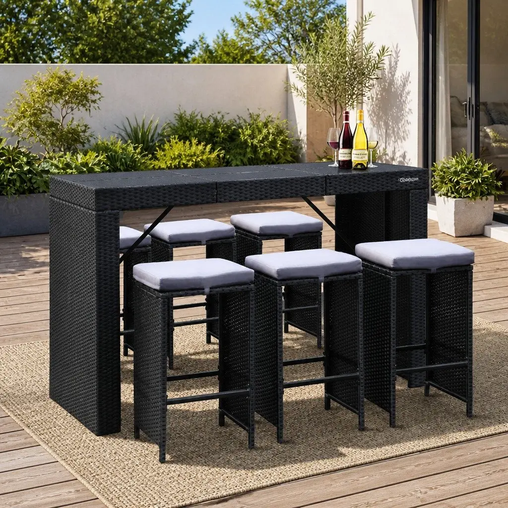 7 Piece Outdoor Bar Set Black Wicker Table and Stools with Tempered Glass Top and Cushions