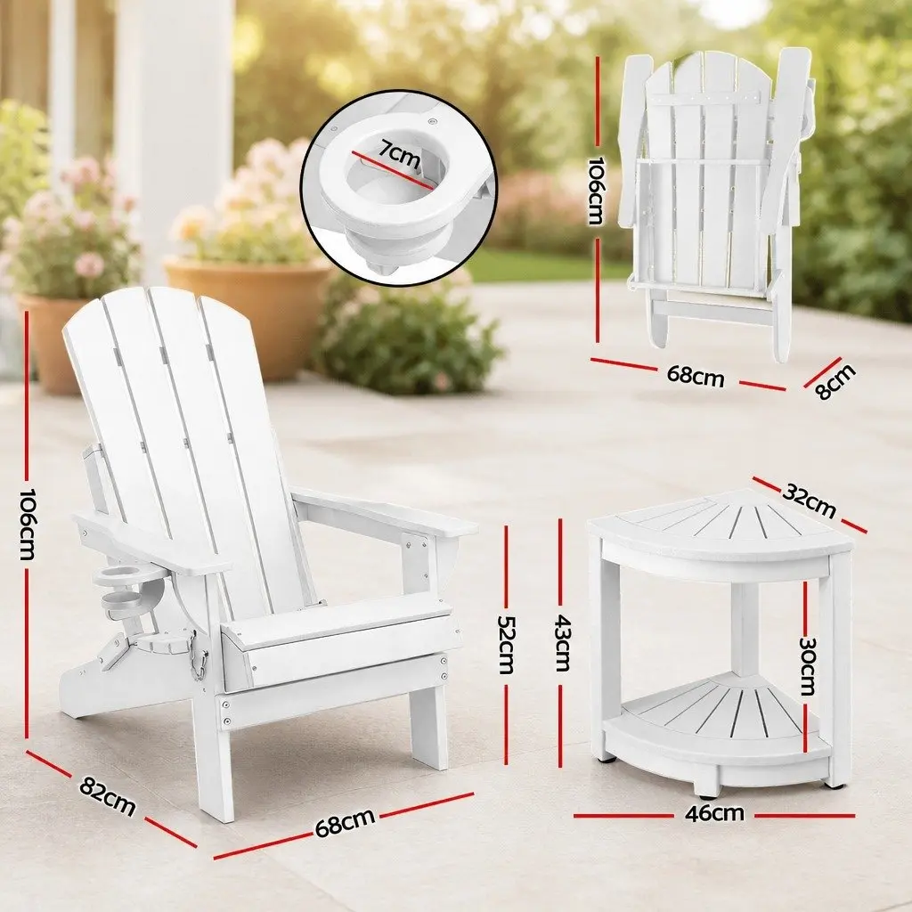 Outdoor Adirondack Folding Chair and Table Set Patio Furniture White HDPE 3