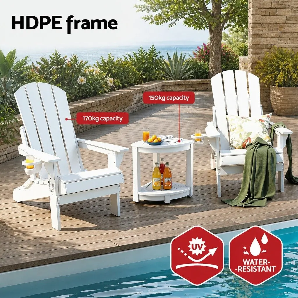 Outdoor Adirondack Folding Chair and Table Set Patio Furniture White HDPE 3