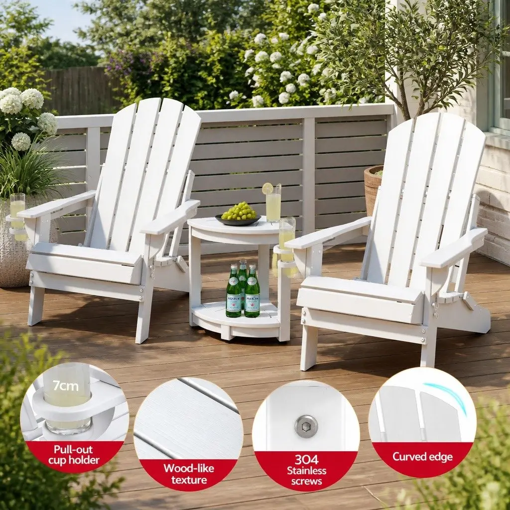 Outdoor Adirondack Folding Chair and Table Set Patio Furniture White HDPE 3