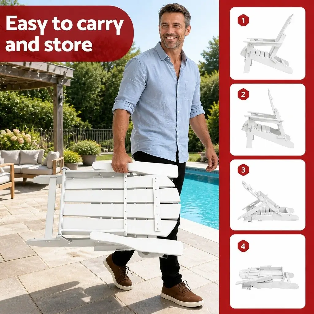 Outdoor Adirondack Folding Chair and Table Set Patio Furniture White HDPE 3