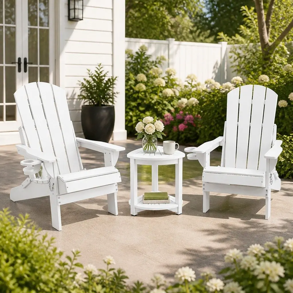 Outdoor Adirondack Folding Chair and Table Set Patio Furniture White HDPE 3