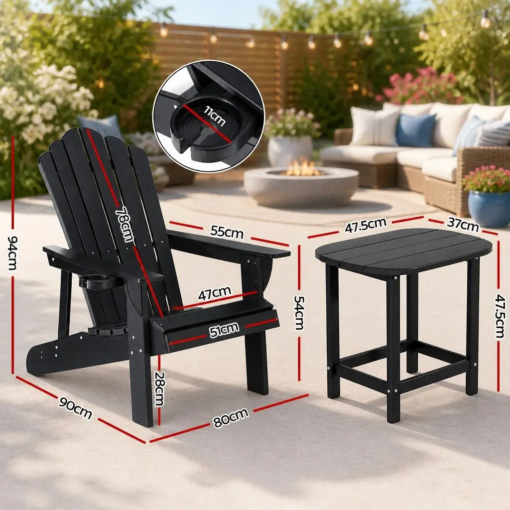 Outdoor Adirondack Chair and Table Set 3-Piece Lounge Patio Furniture Black