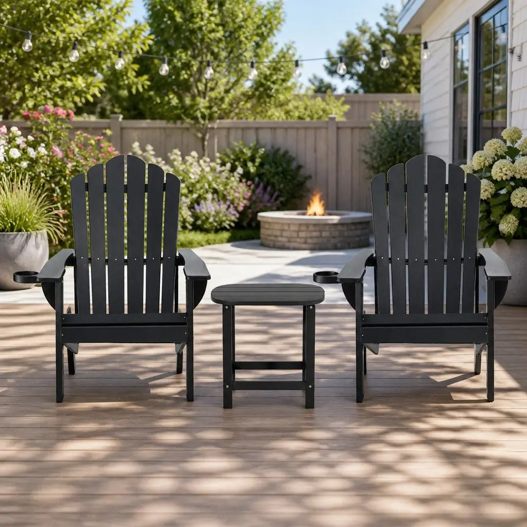 Outdoor Adirondack Chair and Table Set 3-Piece Lounge Patio Furniture Black
