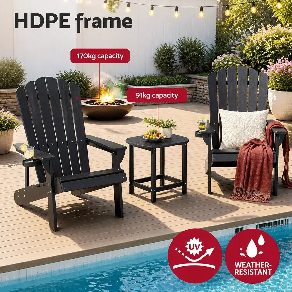 Outdoor Adirondack Chair and Table Set 3-Piece Lounge Patio Furniture Black
