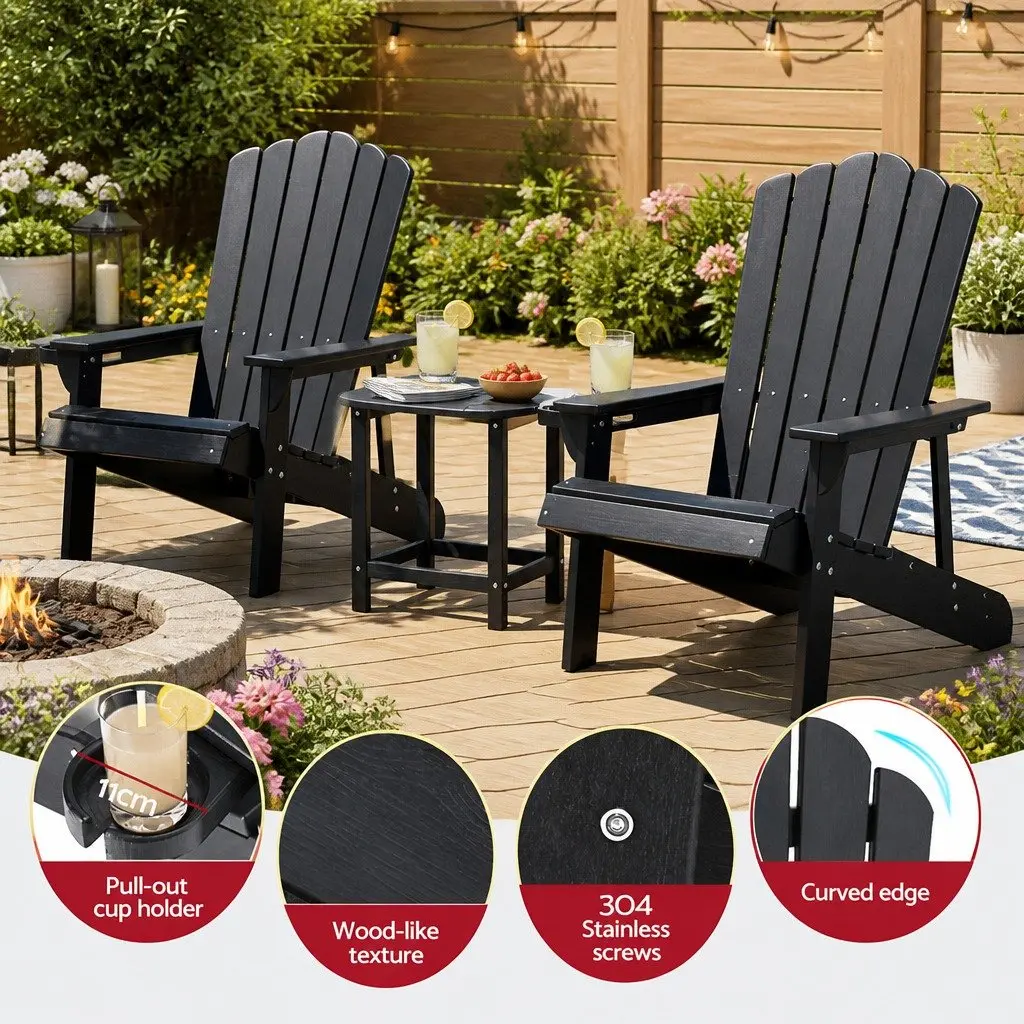 Outdoor Adirondack Chair and Table Set 3-Piece Lounge Patio Furniture Black