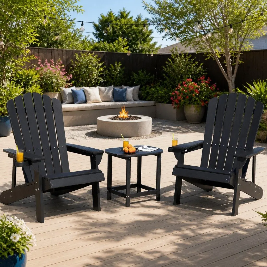 Outdoor Adirondack Chair and Table Set 3-Piece Lounge Patio Furniture Black