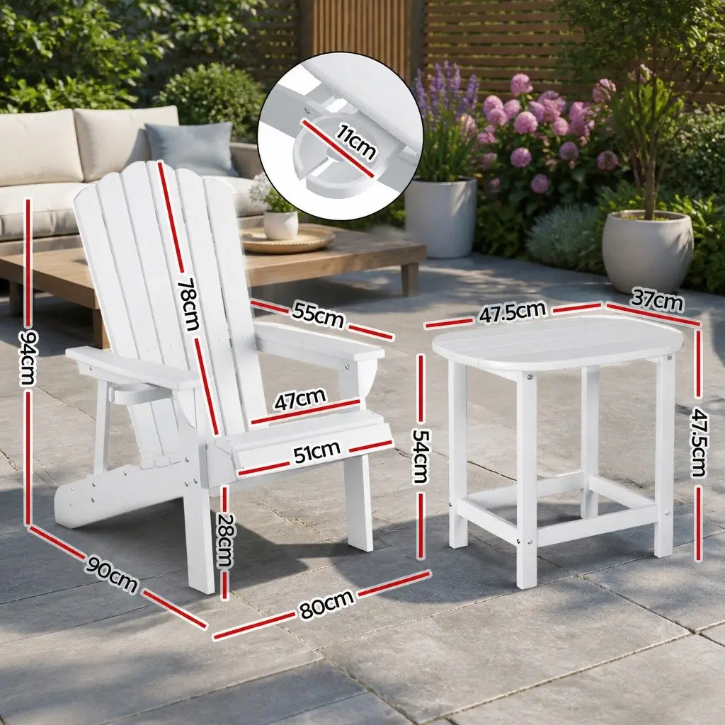 Adirondack Chairs and Side Table Set HDPE Outdoor Patio Garden Furniture White