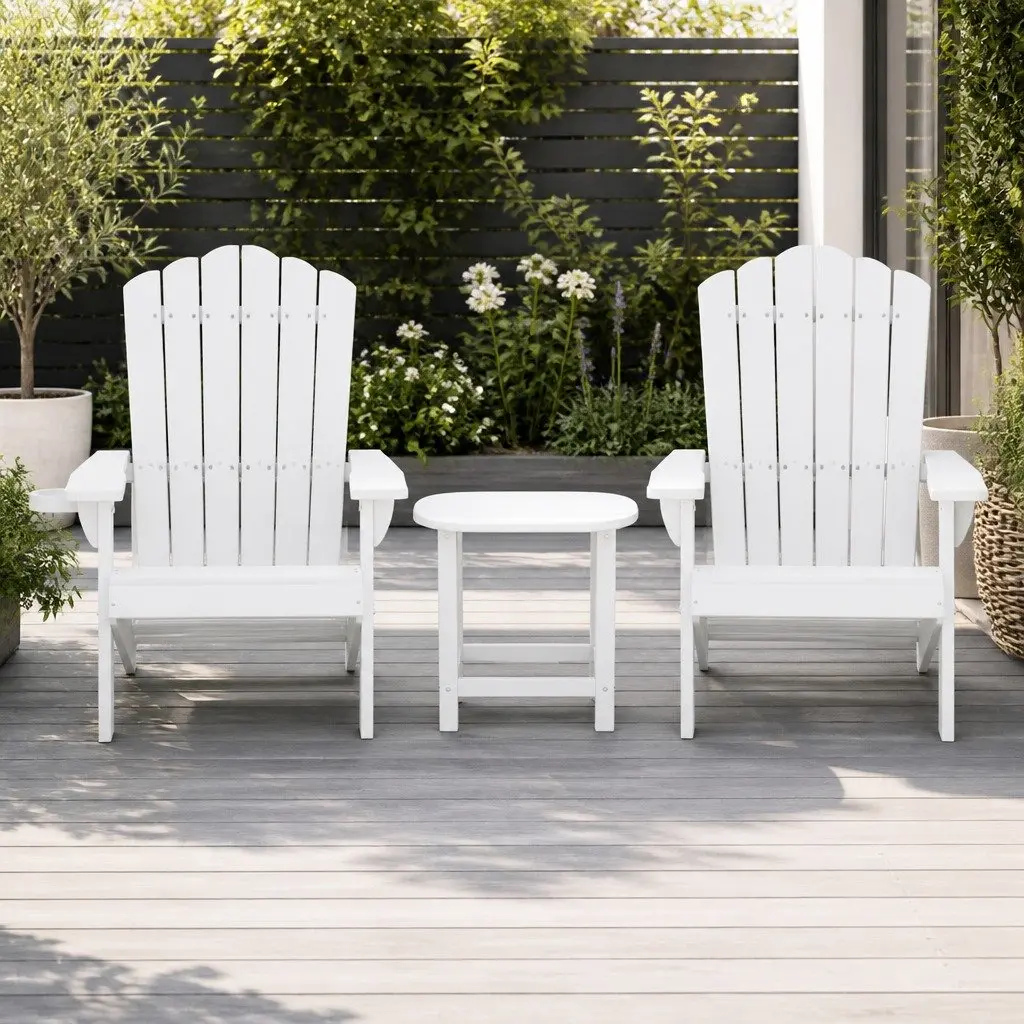 Adirondack Chairs and Side Table Set HDPE Outdoor Patio Garden Furniture White