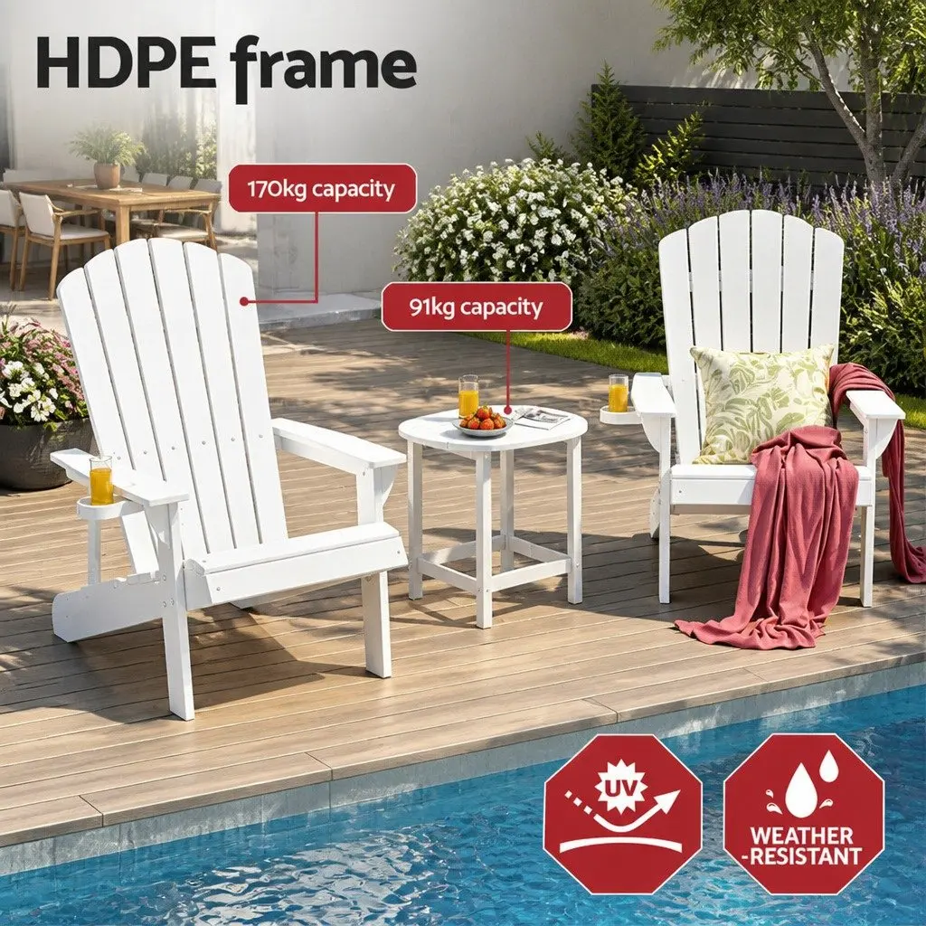Adirondack Chairs and Side Table Set HDPE Outdoor Patio Garden Furniture White