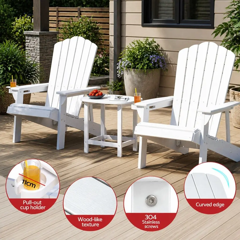 Adirondack Chairs and Side Table Set HDPE Outdoor Patio Garden Furniture White