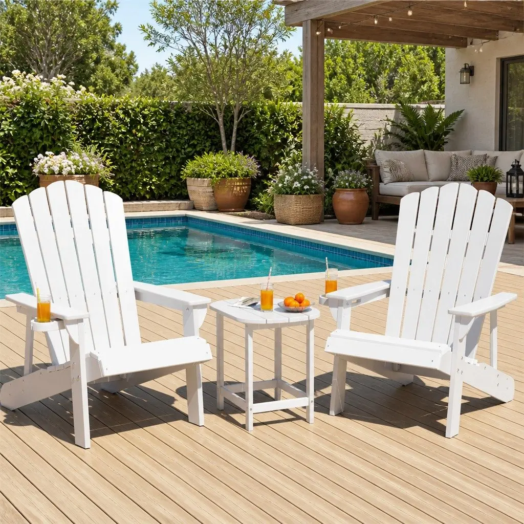 Adirondack Chairs and Side Table Set HDPE Outdoor Patio Garden Furniture White