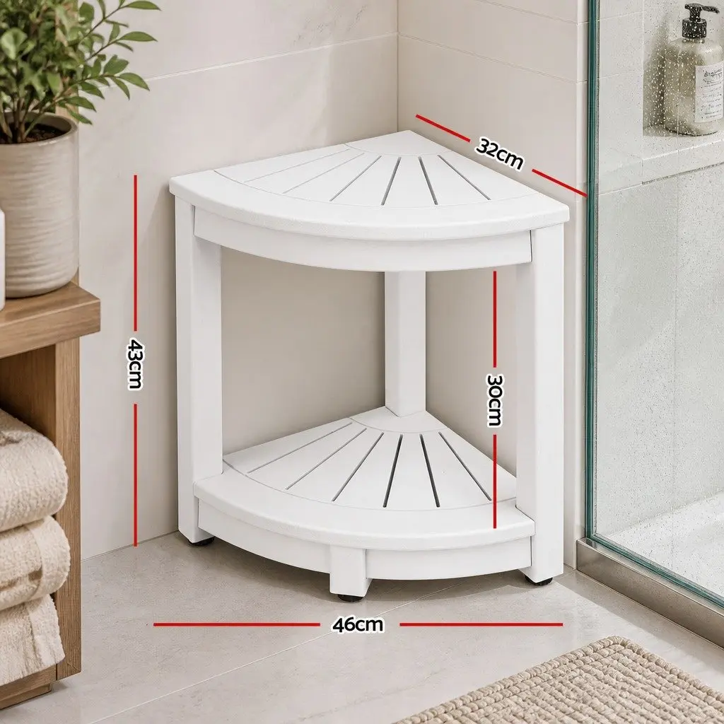Corner Shower Stool White 46x32x43cm Weather-Resistant HDPE with Storage Shelf