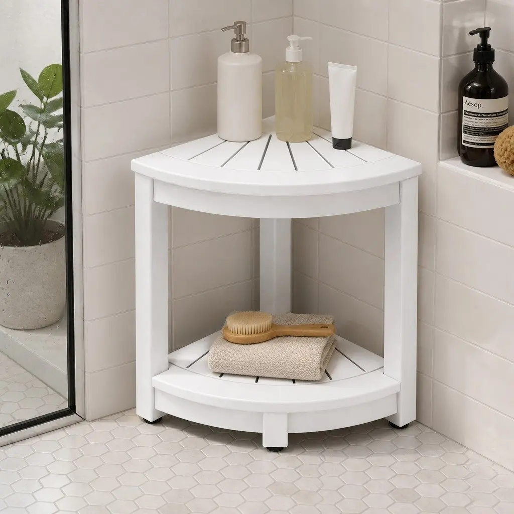 Corner Shower Stool White 46x32x43cm Weather-Resistant HDPE with Storage Shelf