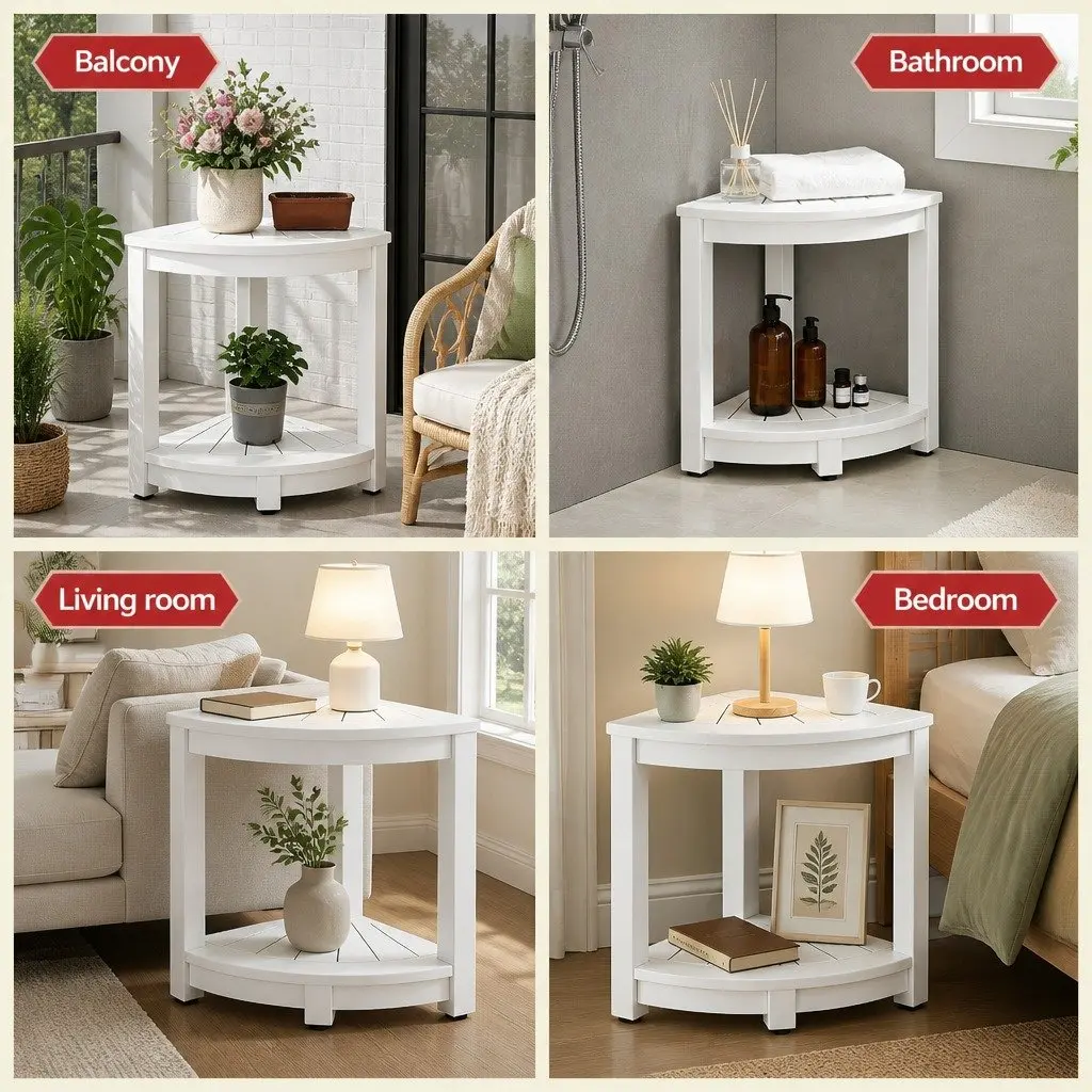 Corner Shower Stool White 46x32x43cm Weather-Resistant HDPE with Storage Shelf