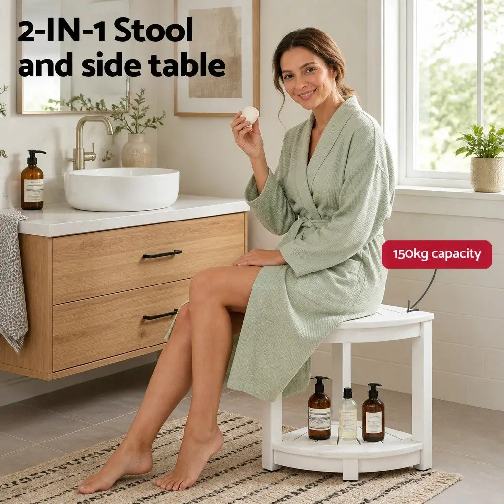 Corner Shower Stool White 46x32x43cm Weather-Resistant HDPE with Storage Shelf