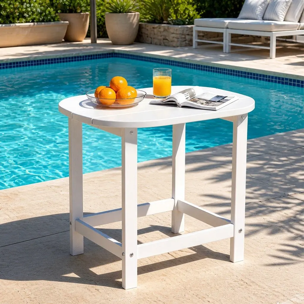 Outdoor Side Table White Weatherproof HDPE Wood-like Texture Quick Assembly