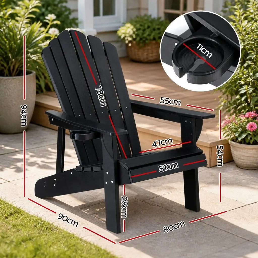 Adirondack Chair Black Outdoor Patio Garden Furniture 103 Degree Reclined Backrest Wide Armrests Pull Out Cup Holder