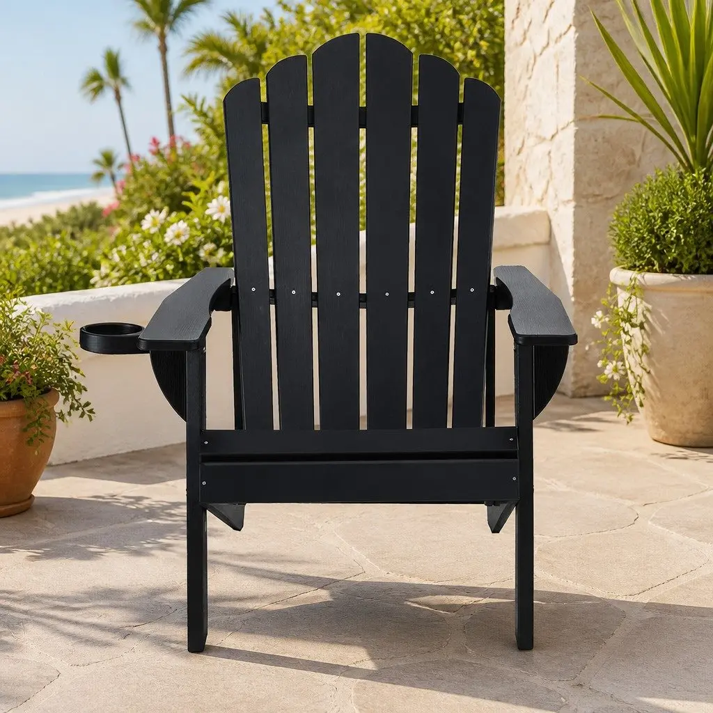 Adirondack Chair Black Outdoor Patio Garden Furniture 103 Degree Reclined Backrest Wide Armrests Pull Out Cup Holder