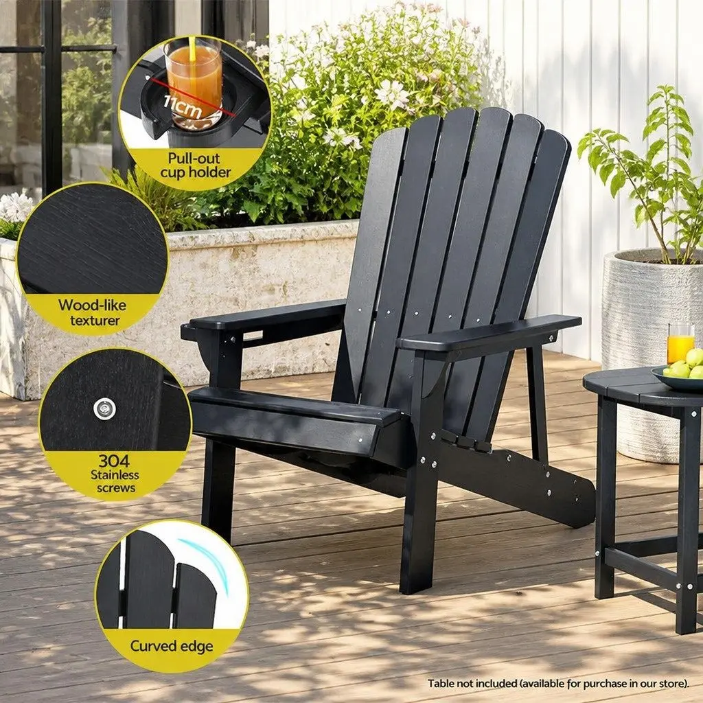 Adirondack Chair Black Outdoor Patio Garden Furniture 103 Degree Reclined Backrest Wide Armrests Pull Out Cup Holder