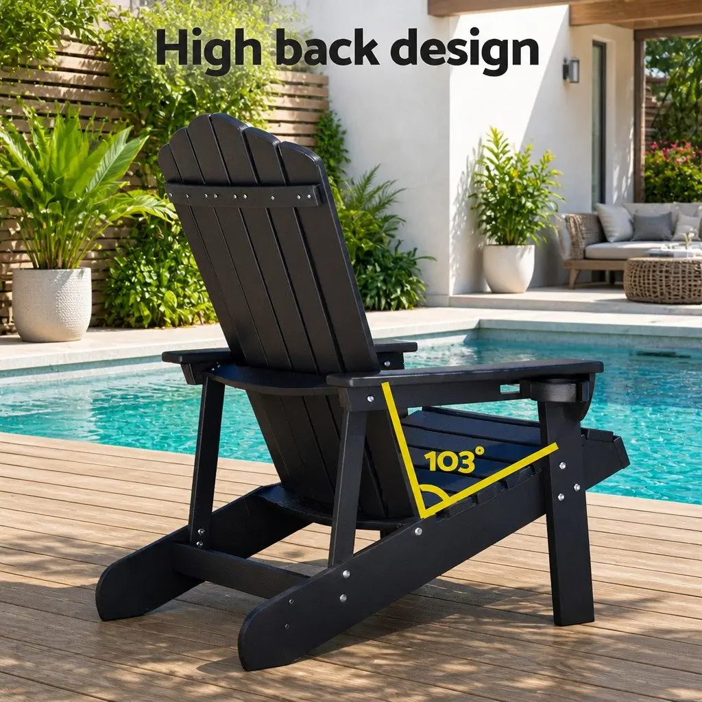 Adirondack Chair Black Outdoor Patio Garden Furniture 103 Degree Reclined Backrest Wide Armrests Pull Out Cup Holder