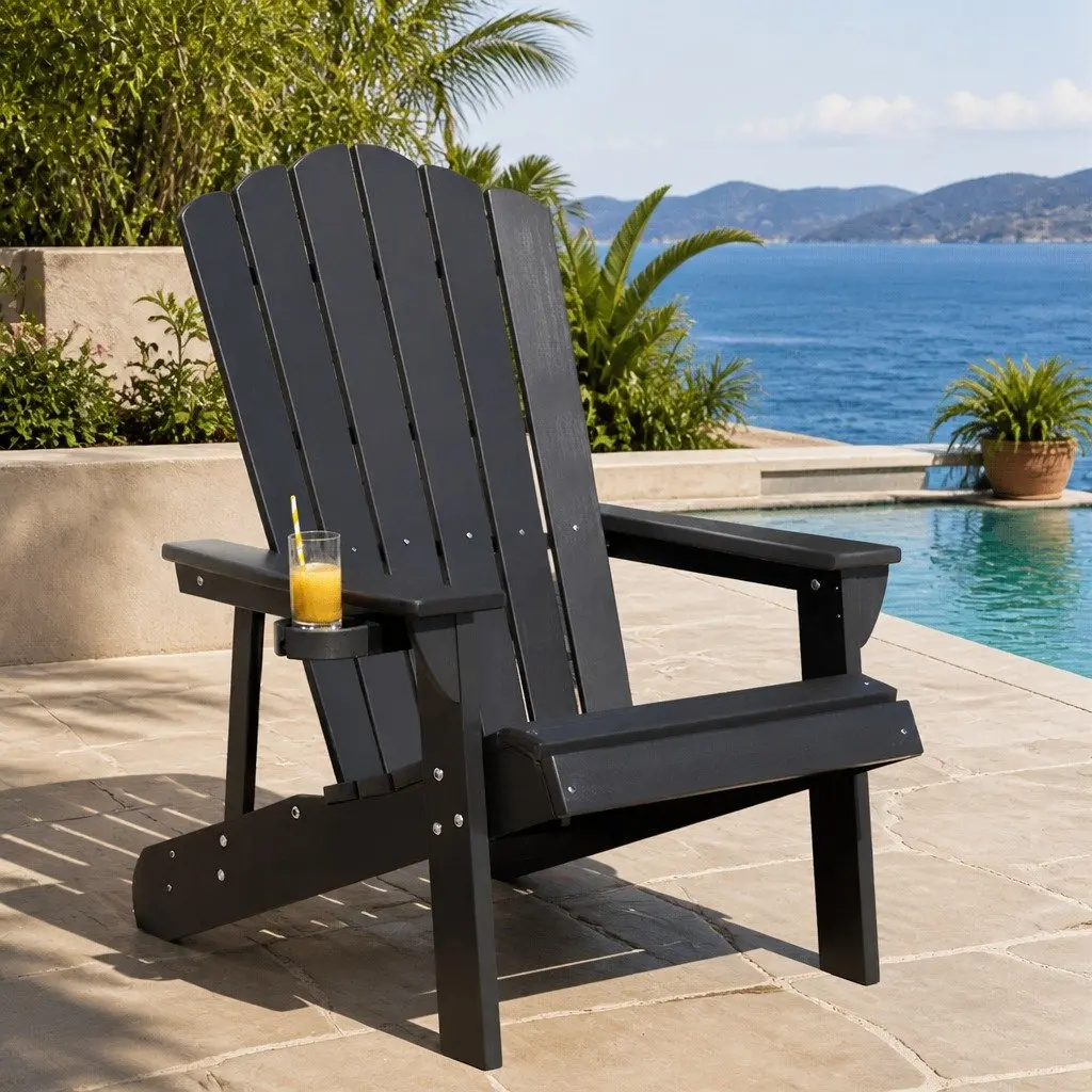 Adirondack Chair Black Outdoor Patio Garden Furniture 103 Degree Reclined Backrest Wide Armrests Pull Out Cup Holder