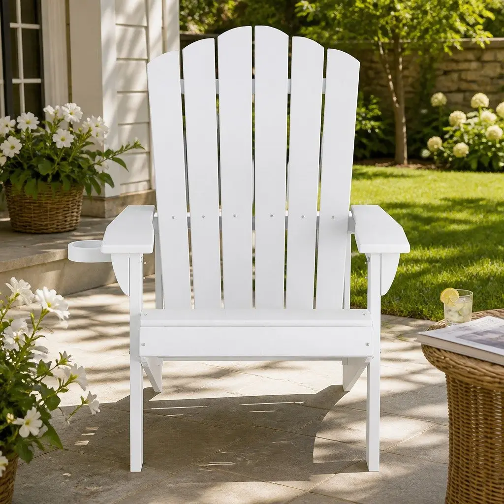 Outdoor Adirondack Chair White Weather-resistant HDPE Reclined Backrest Wide Armrests