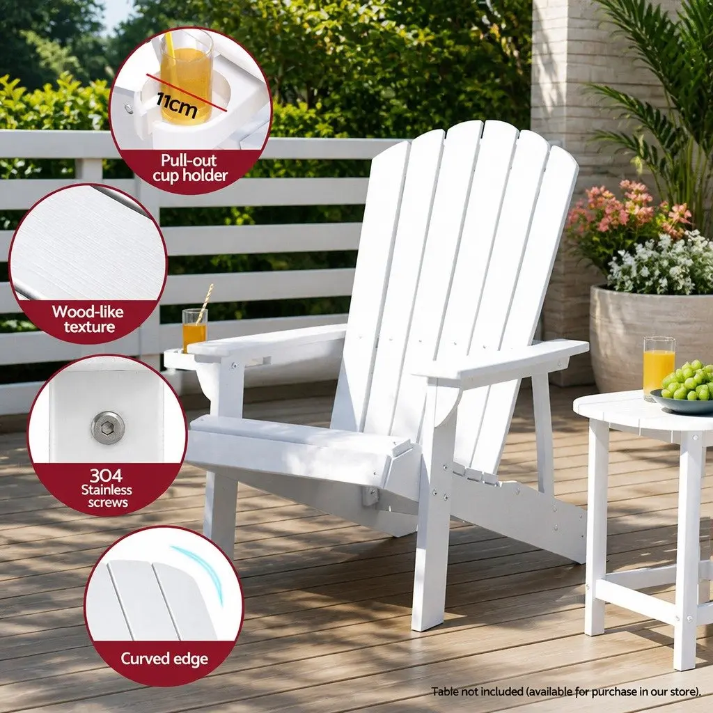 Outdoor Adirondack Chair White Weather-resistant HDPE Reclined Backrest Wide Armrests