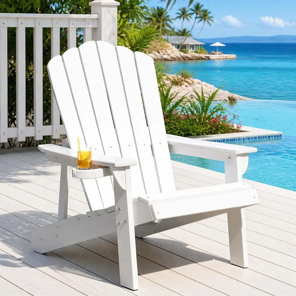Outdoor Adirondack Chair White Weather-resistant HDPE Reclined Backrest Wide Armrests