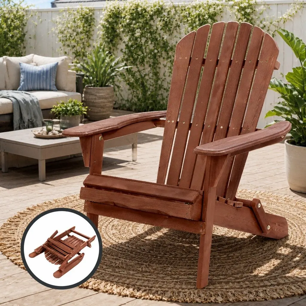 Wooden Adirondack Chair Foldable Outdoor Patio Furniture Brown Garden Relaxation