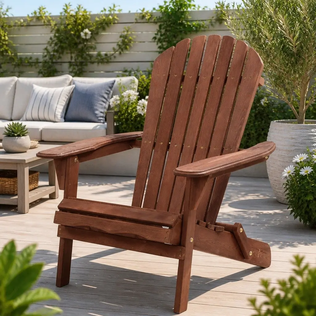 Wooden Adirondack Chair Foldable Outdoor Patio Furniture Brown Garden Relaxation