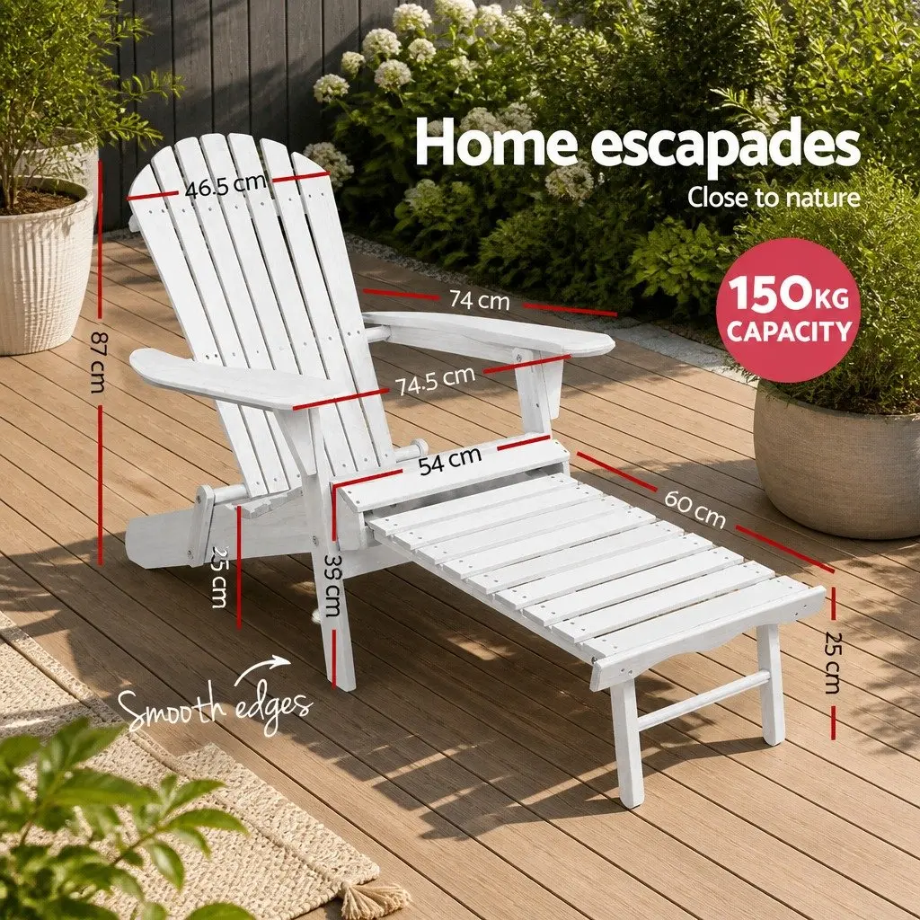Adirondack Lounge Chair White Wooden Foldable with Slide-out Ottoman High Back Extra-wide Armrests