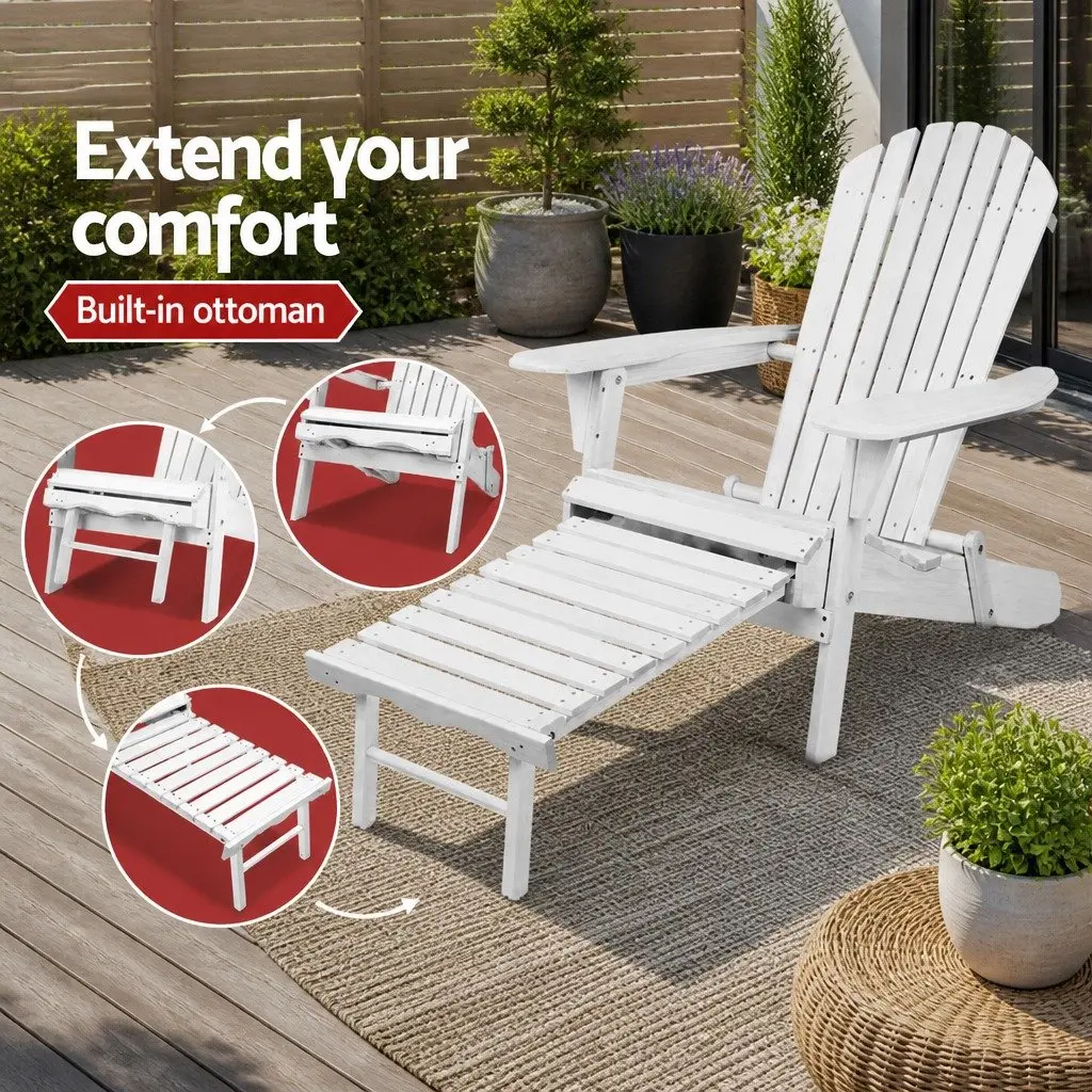 Adirondack Lounge Chair White Wooden Foldable with Slide-out Ottoman High Back Extra-wide Armrests